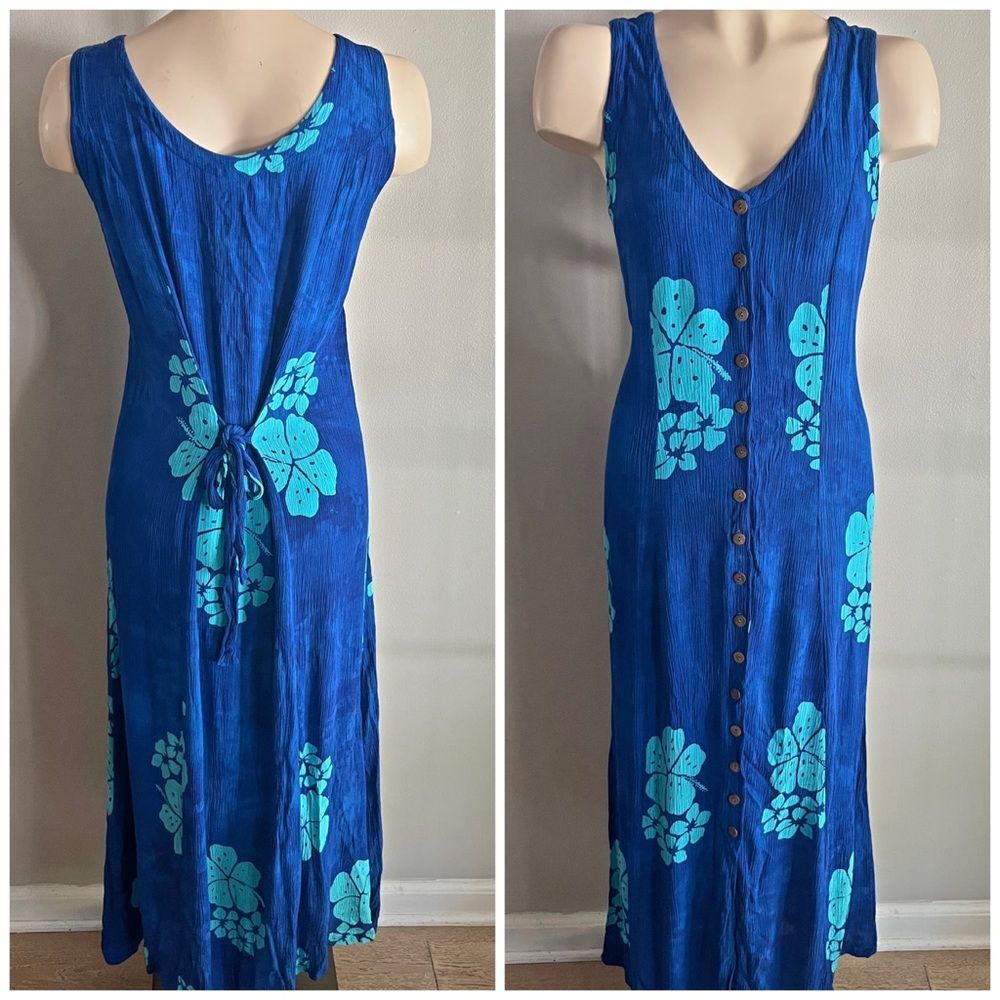 Vintage Jon Wenger Hawaiian Blue Floral Button Front Midi Dress M Rayon
